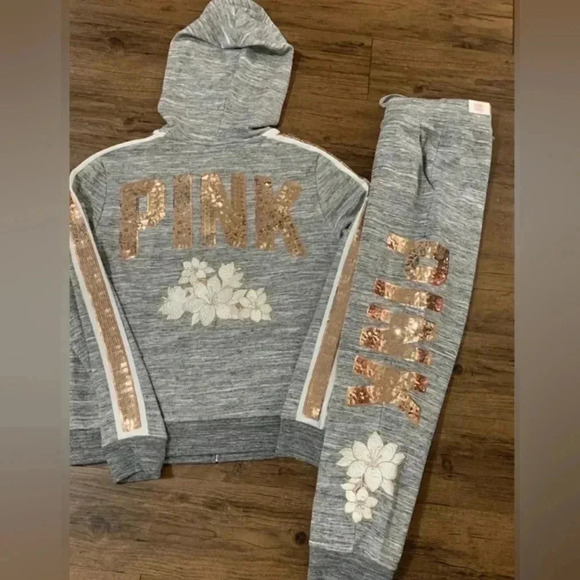 PINK VS HTF FLORAL BLING HOODIE / JOGGERS OUTFIT SET L - Picture 5 of 13